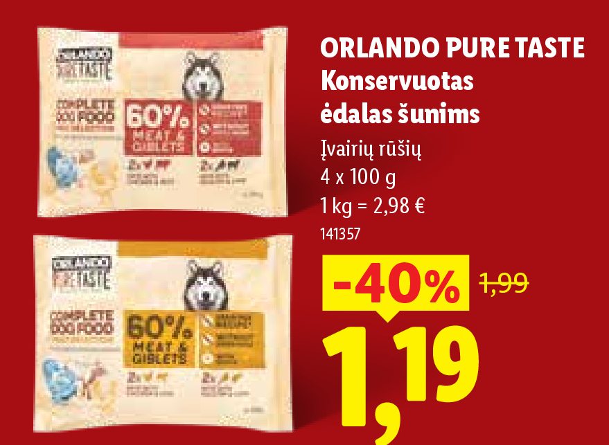 ORLANDO PURE TASTE Konservuotas ėdalas šunims, 4 x 100 g