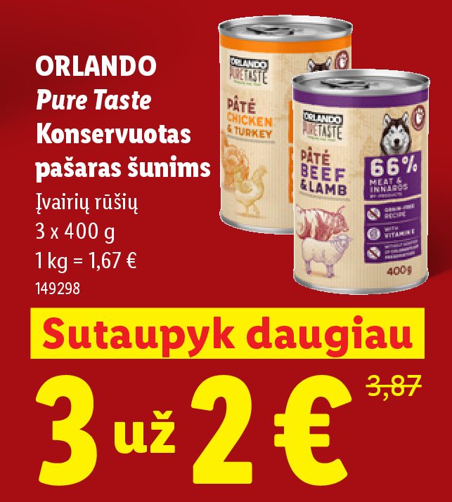 ORLANDO Pure Taste Konservuotas pašaras šunims, 3 x 400 g