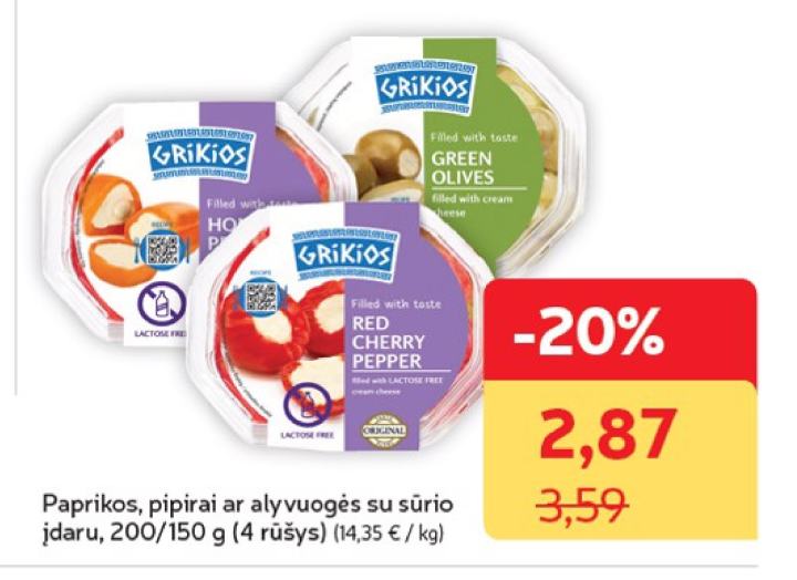 Paprikos, pipirai ar alyvuogės su sūrio įdaru, 150 g