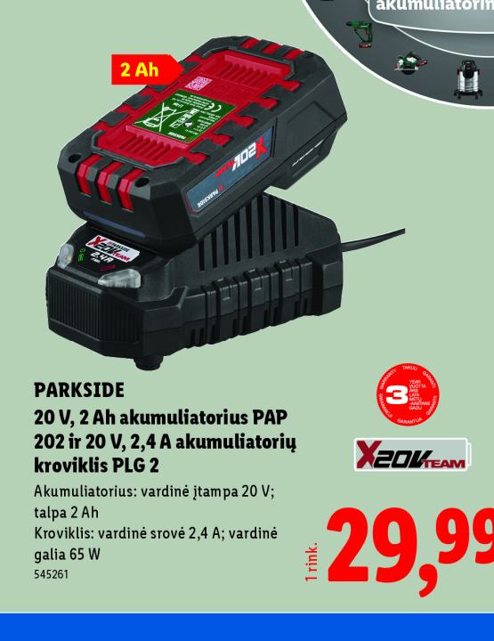 PARKSIDE 20 V, 2 Ah akumuliatorius PAP 202 ir 20 V, 2,4 A akumuliatorių kroviklis PLG 2