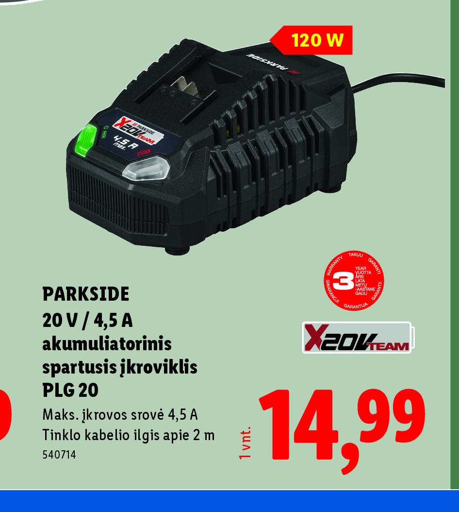 PARKSIDE 20 V / 4,5 A akumuliatorinis spartusis įkroviklis PLG 20