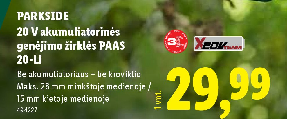 PARKSIDE 20 V akumuliatorinės genėjimo žirklės PAAS 20-Li, 1 vnt