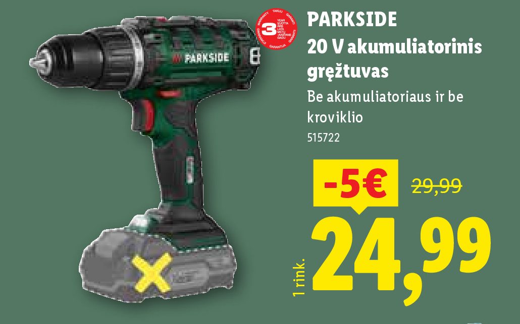 PARKSIDE 20 V akumuliatorinis gręžtuvas