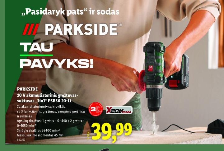 PARKSIDE 20 V akumuliatorinis gręžtuvas-suktuvas „3in1“ PSBSA 20-Li