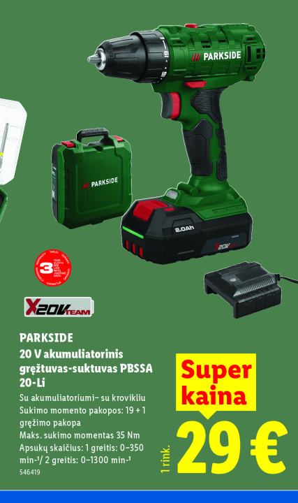 PARKSIDE 20 V akumuliatorinis gręžtuvas-suktuvas PBSSA 20-Li