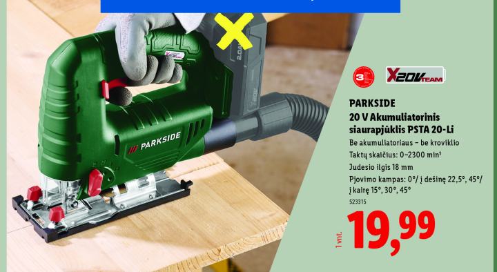 PARKSIDE 20 V Akumuliatorinis siaurapjūklis PSTA 20-Li, 18 mm