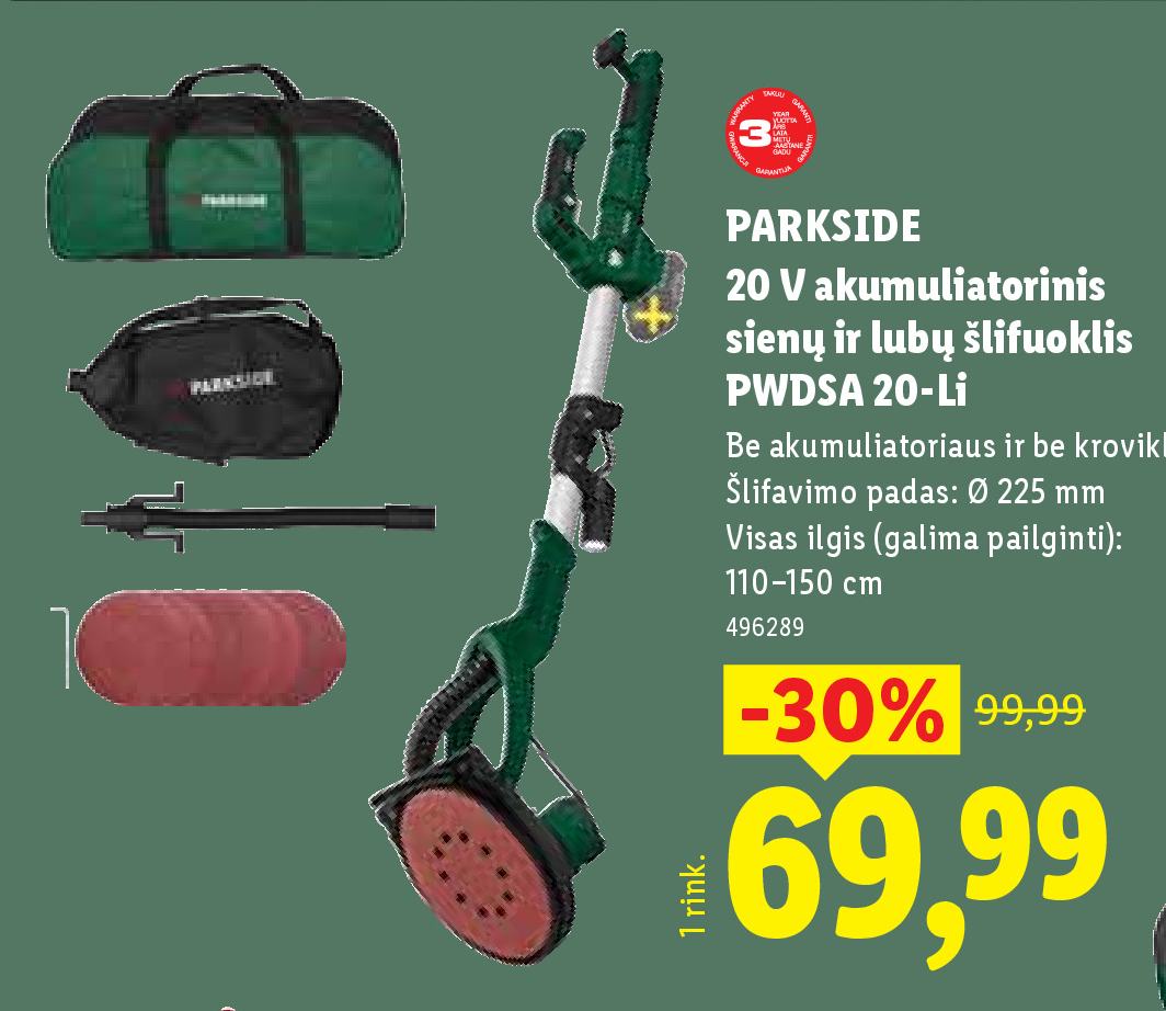 PARKSIDE 20 V akumuliatorinis sienų ir lubų šlifuoklis PWDSA 20-Li, 1 rink.