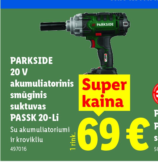 PARKSIDE 20 V akumuliatorinis smūginis suktuvas PASSK 20-Li, 1 rink.