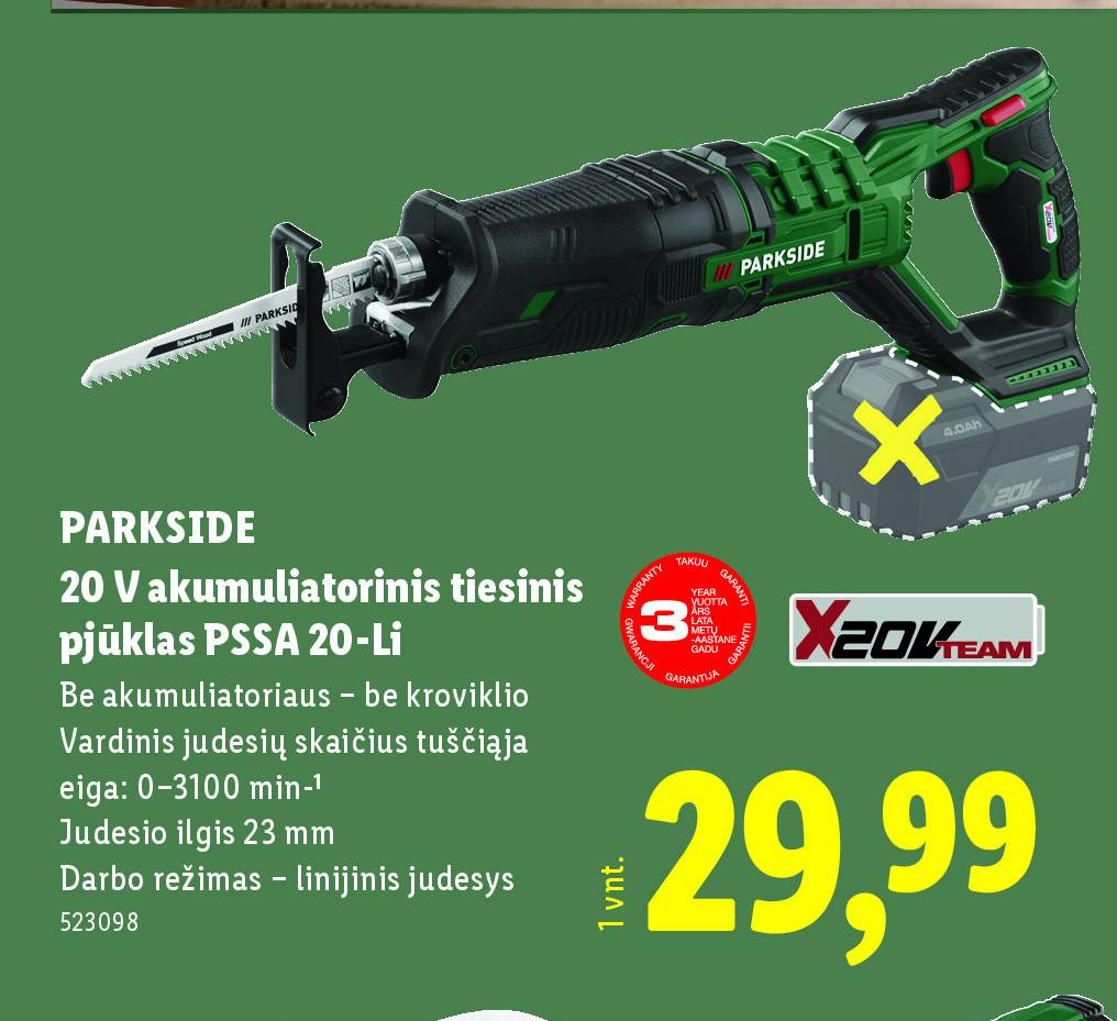 PARKSIDE 20 V akumuliatorinis tiesinis pjūklas PSSA 20-Li, 23 mm