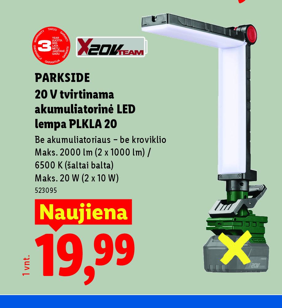 PARKSIDE 20 V tvirtinama akumuliatorinė LED lempa PLKLA 20