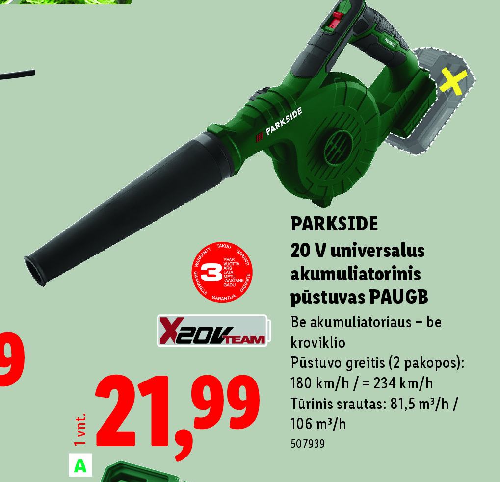 PARKSIDE 20 V universalus akumuliatorinis pūstuvas PAUGB, 180 km