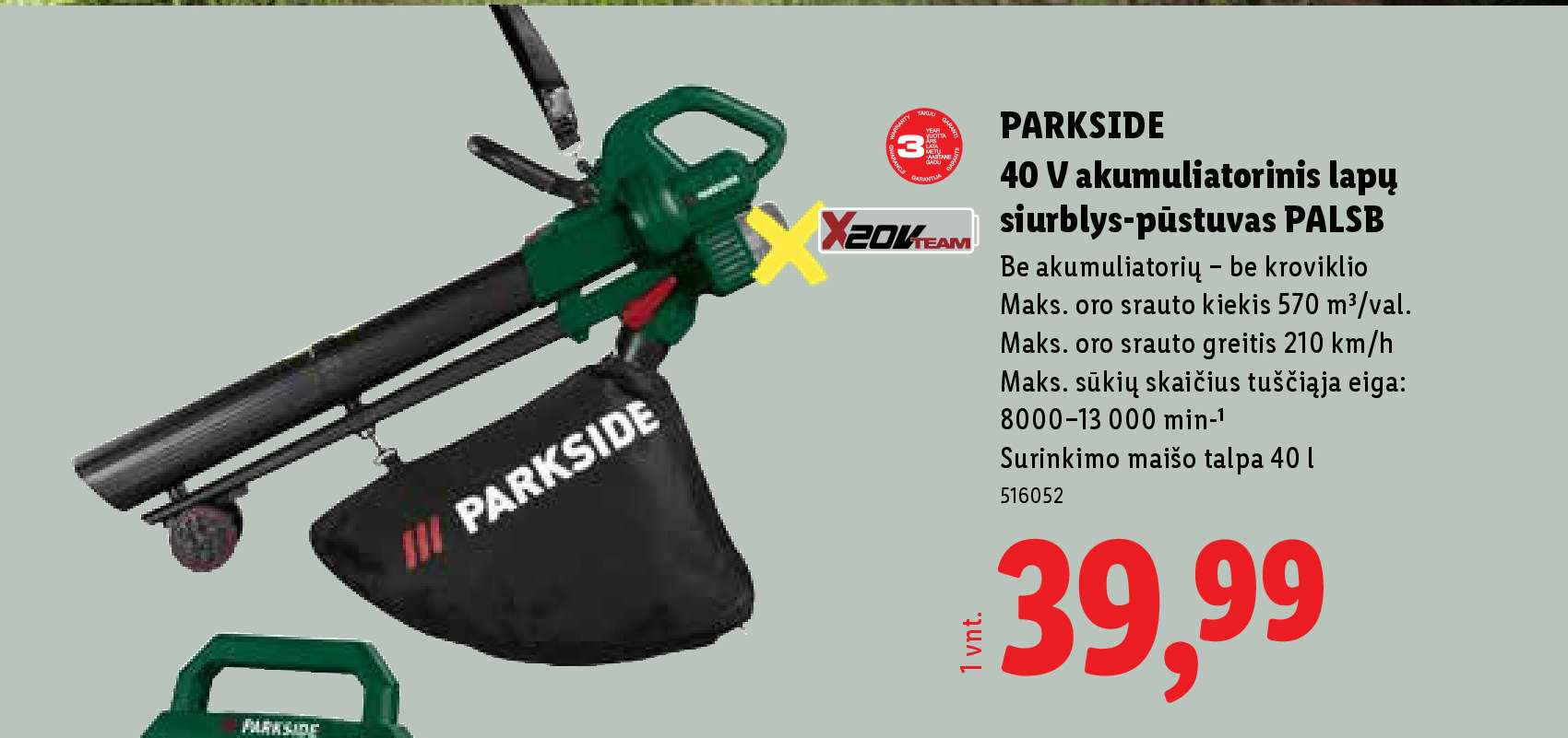 PARKSIDE 40 V akumuliatorinis lapų siurblys-pūstuvas PALSB, 570 m
