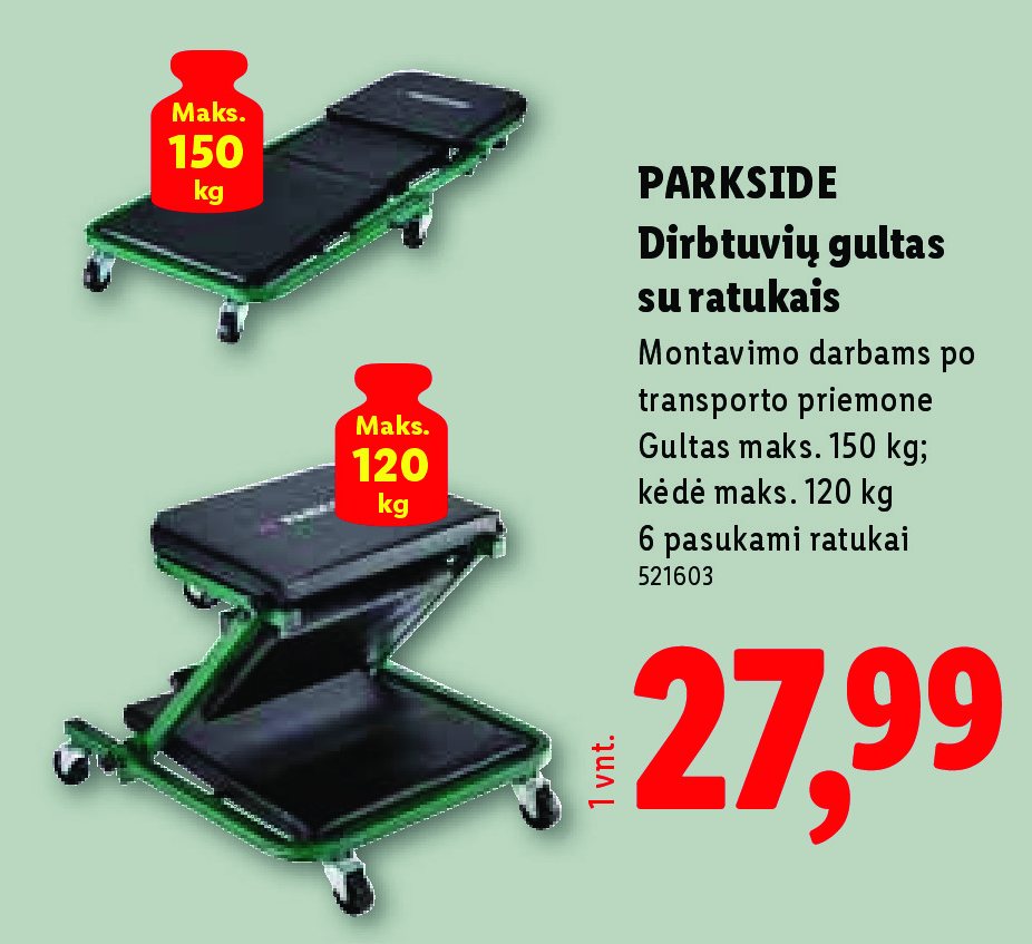 PARKSIDE Dirbtuvių gultas su ratukais, 150 kg