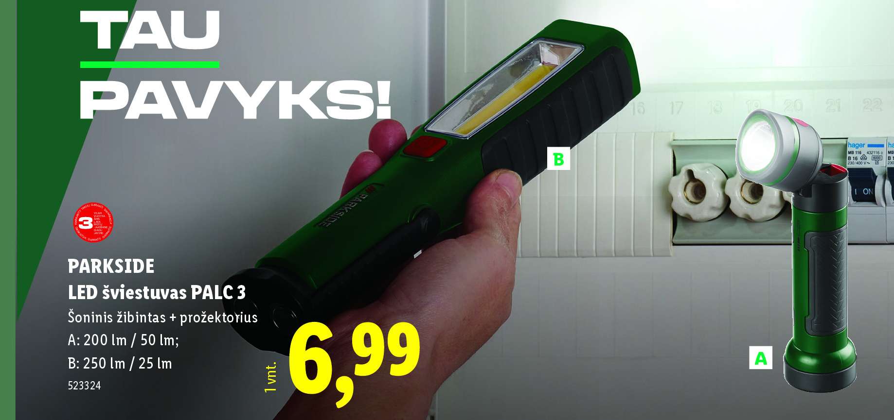 PARKSIDE LED šviestuvas PALC 3, 1 vnt