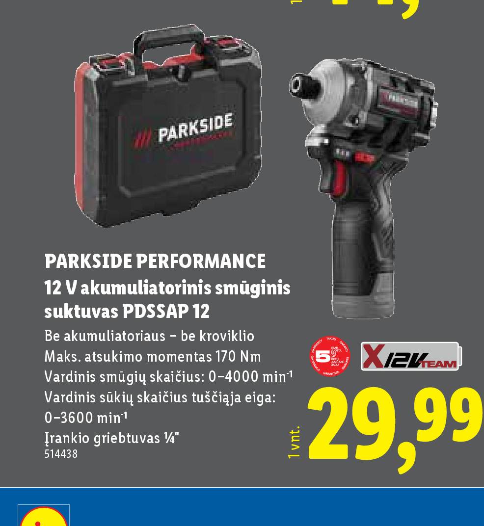 PARKSIDE PERFORMANCE 12 V akumuliatorinis smūginis suktuvas PDSSAP 12