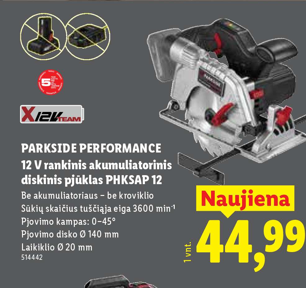 PARKSIDE PERFORMANCE 12 V rankinis akumuliatorinis diskinis pjūklas PHKSAP 12, 140 mm