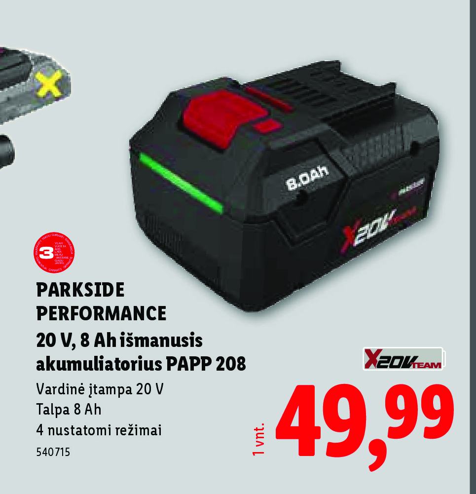 PARKSIDE PERFORMANCE 20 V, 8 Ah išmanusis akumuliatorius PAPP 208