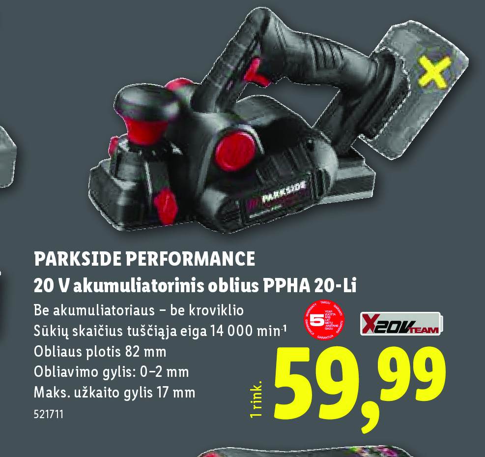 PARKSIDE PERFORMANCE 20 V akumuliatorinis oblius PPHA 20-Li, 82 mm