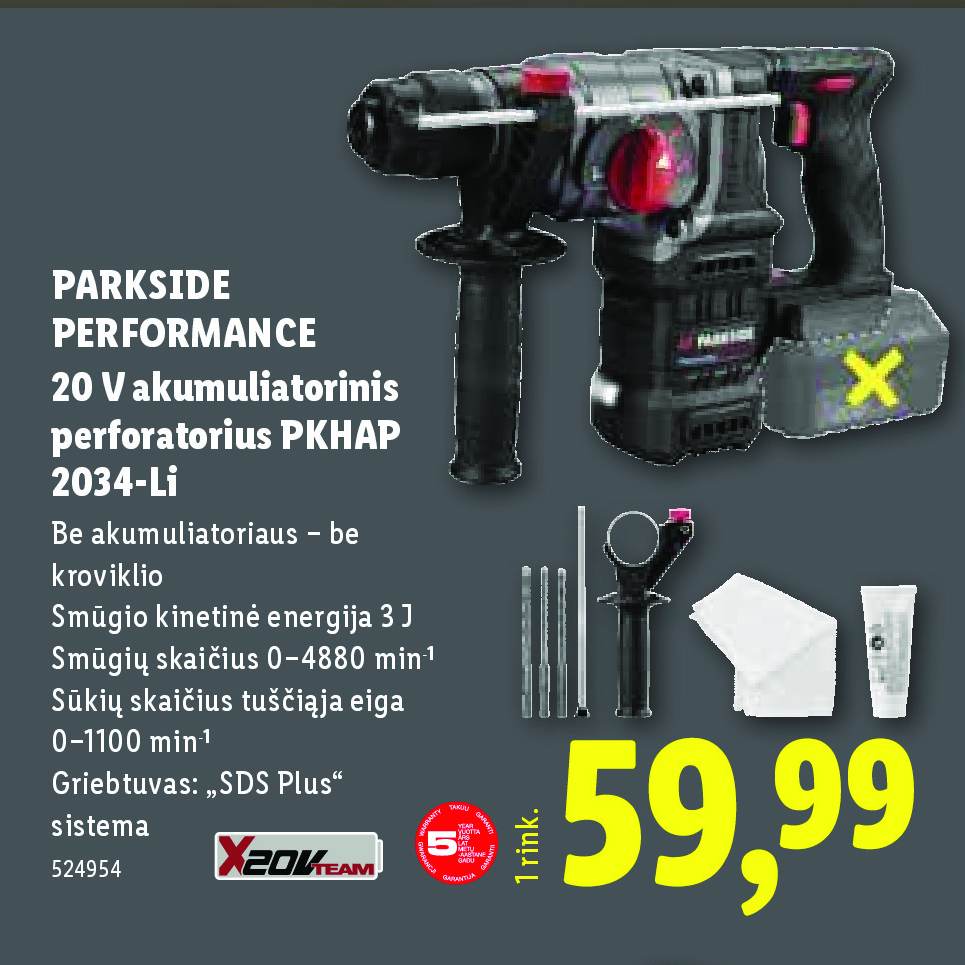 PARKSIDE PERFORMANCE 20 V akumuliatorinis perforatorius PKHAP 2034-Li