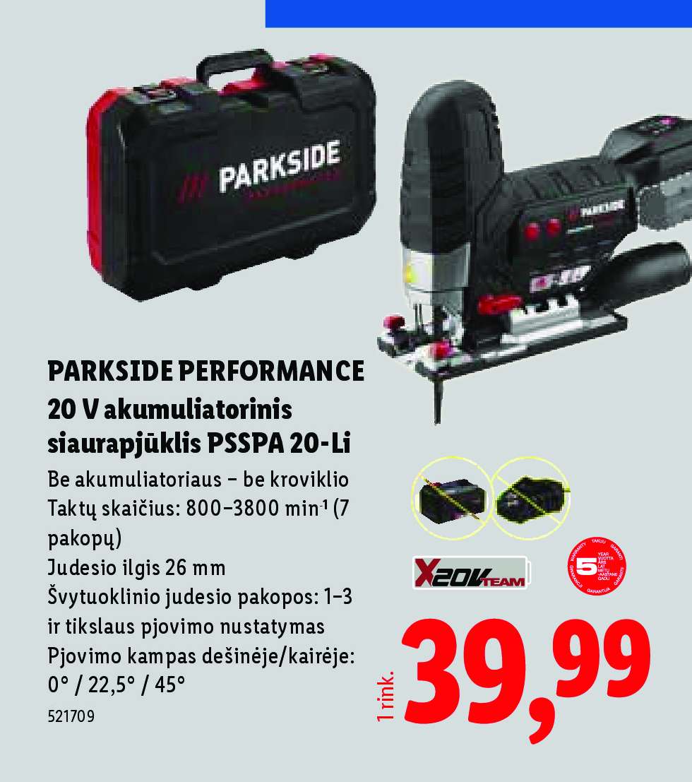 PARKSIDE PERFORMANCE 20 V akumuliatorinis siaurapjūklis PSSPA 20-Li, 26 mm