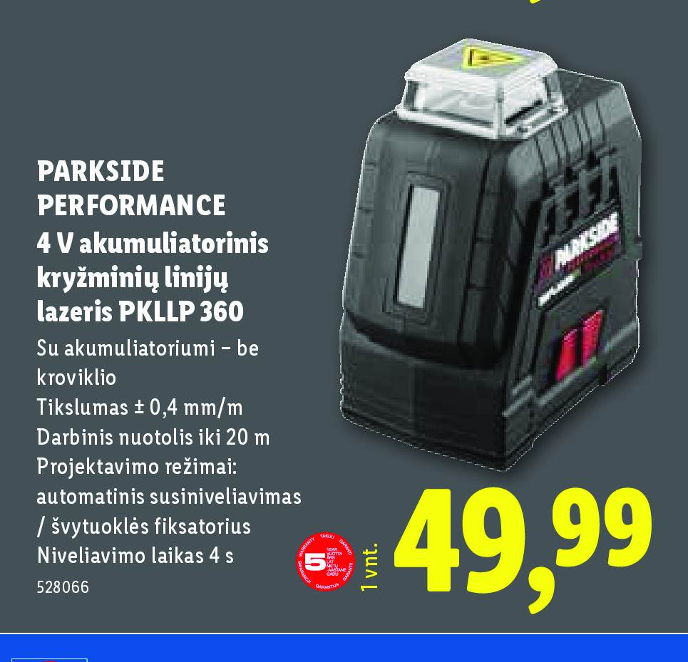 PARKSIDE PERFORMANCE 4 V akumuliatorinis kryžminių linijų lazeris PKLLP 360, 0.4 mm