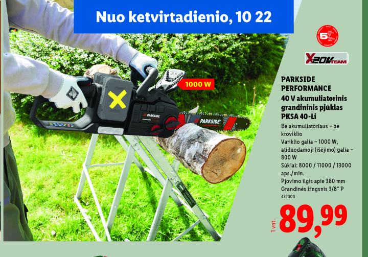 PARKSIDE PERFORMANCE 40 V akumuliatorinis grandininis pjūklas PKSA 40-Li, 380 mm