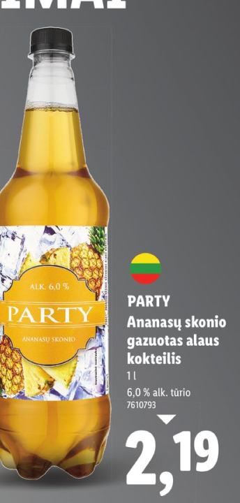 PARTY Ananasų skonio gazuotas alaus kokteilis, 1 l
