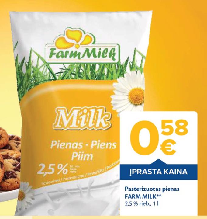 Pasterizuotas pienas FARM MILK, 1 l