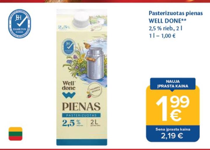 Pasterizuotas pienas WELL DONE, 2 l