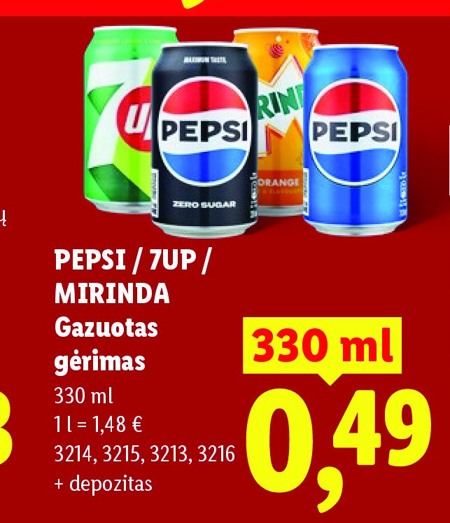 PEPSI / 7UP / MIRINDA Gazuotas gėrimas, 330 ml