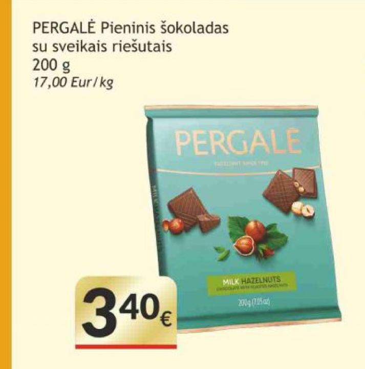 PERGALĖ Pieninis šokoladas su sveikais riešutais, 200 g