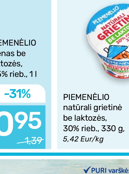 PIEMENĖLIO natūrali grietinė be laktozės, 330 g