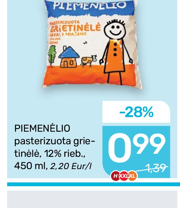 PIEMENĖLIO pasterizuota grietinėlė, 450 ml