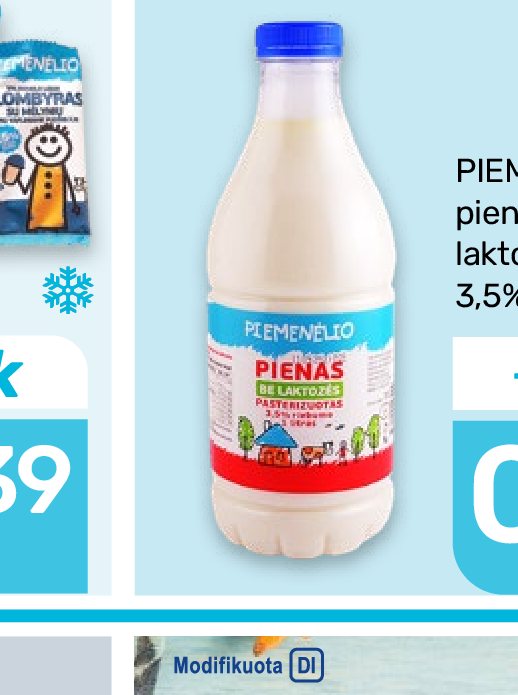 PIEMENĖLIO pienas be laktozės, 1 l