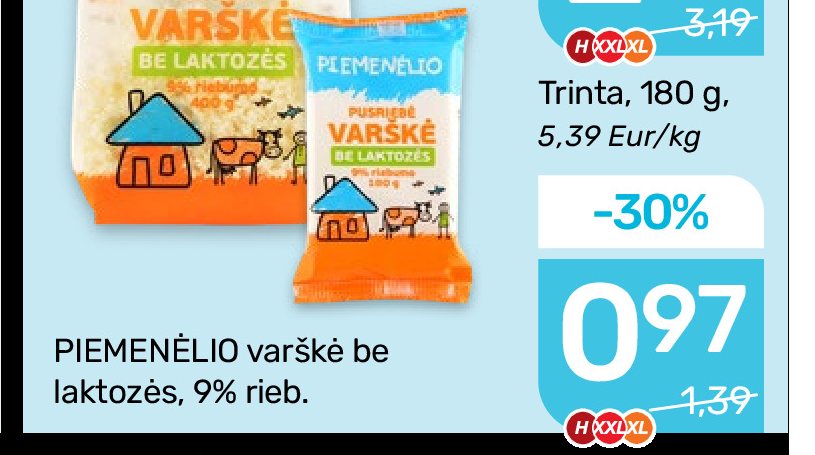 PIEMENĖLIO varškė be laktozės, 9% rieb., 180 g