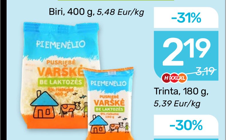 PIEMENĖLIO varškė be laktozės, 9% rieb., 400 g