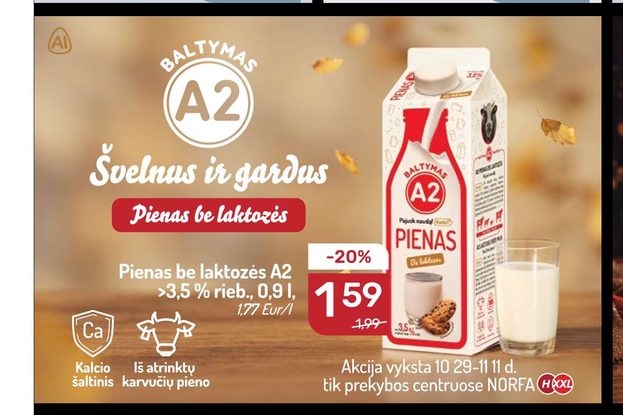 Pienas be laktozės A2, 0.9 l
