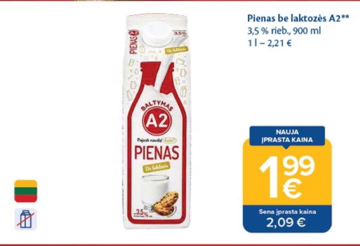 Pienas be laktozės A2, 900 ml