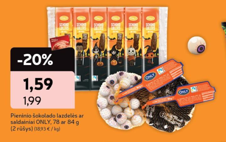 Pieninio šokolado lazdelės ar saldainiai ONLY, 84 g