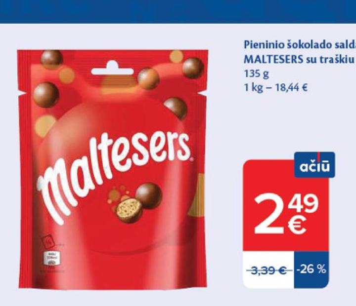 Pieninio šokolado saldainiai MALTESERS, 135 g