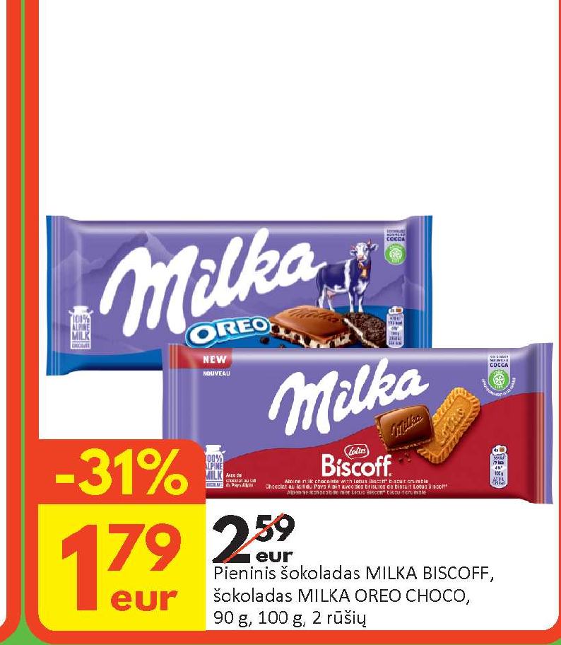 Pieninis šokoladas MILKA BISCOFF, šokoladas MILKA OREO CHOCO, 90 g