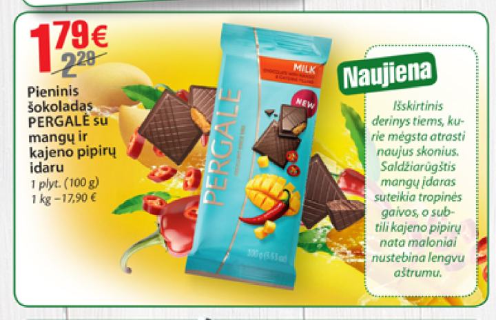 Pieninis šokoladas PERGALĖ su mangų ir kajeno pipirų įdaru, 100 g