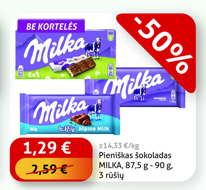 Pieniškas šokoladas MILKA, 87.5 g - 90 g
