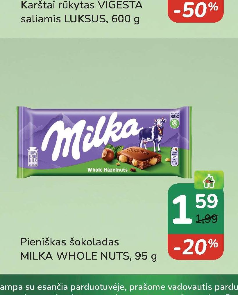 Pieniškas šokoladas MILKA WHOLE NUTS, 95 g
