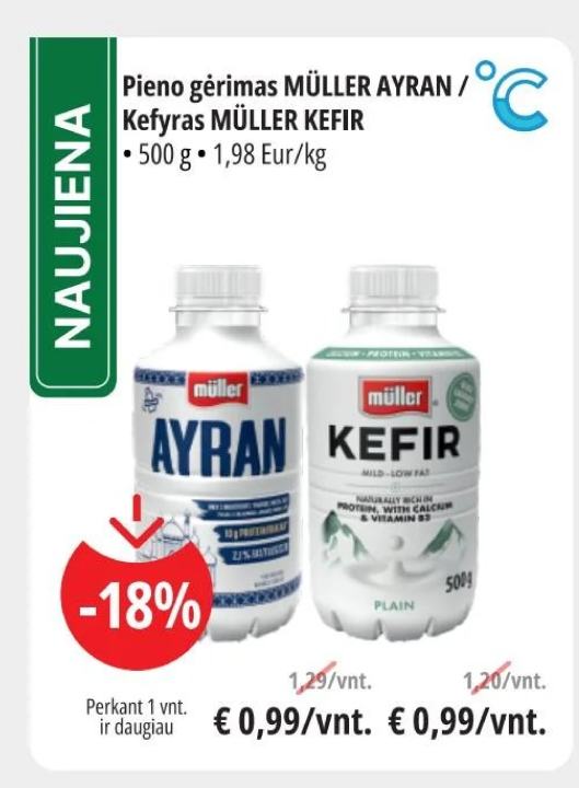 Pieno gėrimas MÜLLER AYRAN / Kefyras MÜLLER KEFIR, 500 g