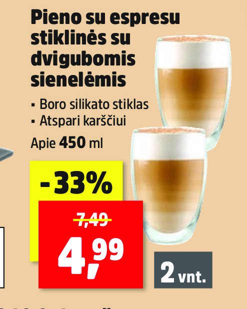 Pieno su espresu stiklinės su dvigubomis sienelėmis, 450 ml