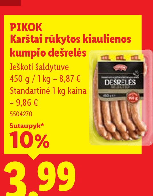 PIKOK Karštai rūkytos kiaulienos kumpio dešrelės, 450 g
