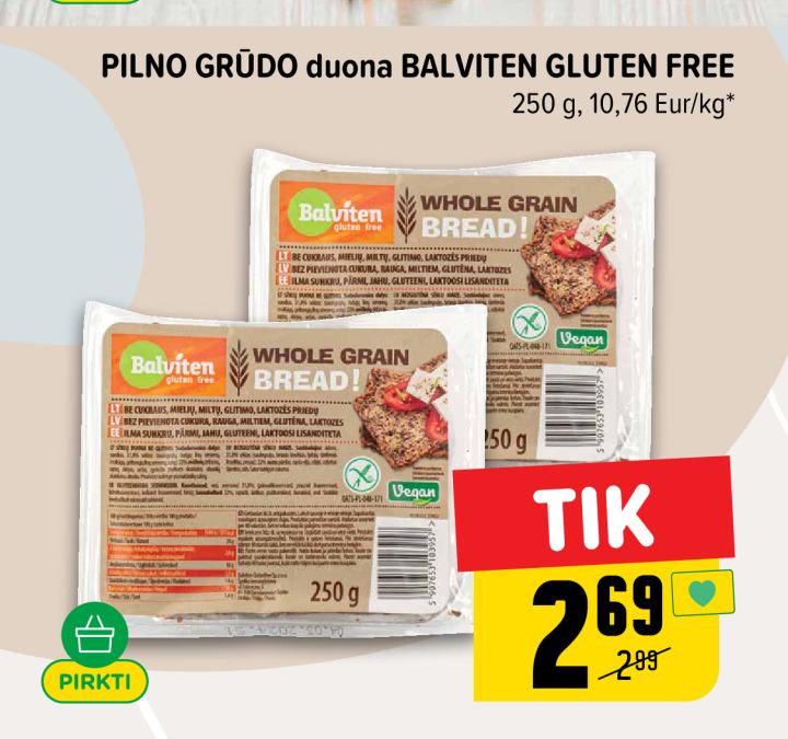 PILNO GRŪDO duona BALVITEN GLUTEN FREE, 250 g