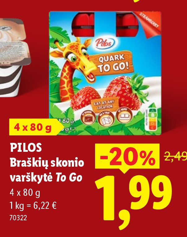 PILOS Braškių skonio varškytė To Go, 4 x 80 g