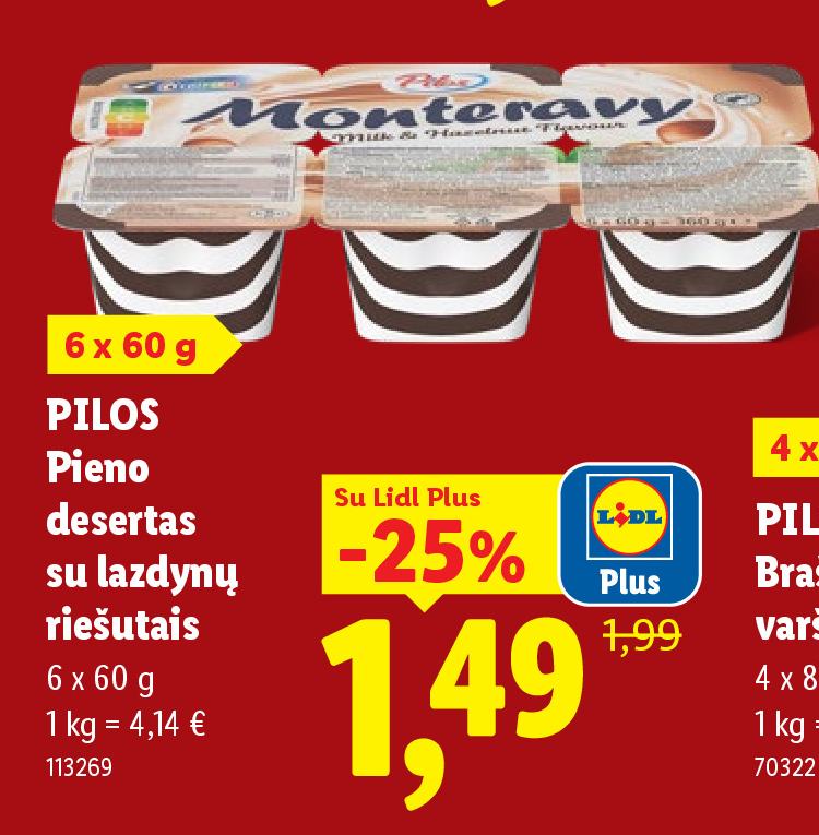 PILOS Pieno desertas su lazdynų riešutais, 6 x 60 g